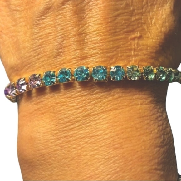 NEW Gold Tone Multi Colored Stone Tennis Bracelet 8" Blue Pink Green - Picture 9 of 9